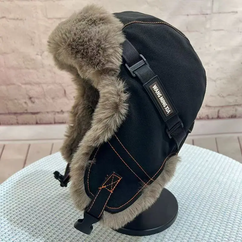 Retro Imitation Rabbit Fur Thick Lei Feng Hat, Autumn and Winter Leather Splicing Cycling Warm Windproof Ear Protection Hat