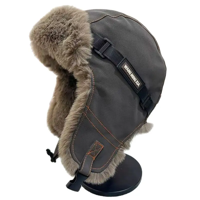 Retro Imitation Rabbit Fur Thick Lei Feng Hat, Autumn and Winter Leather Splicing Cycling Warm Windproof Ear Protection Hat