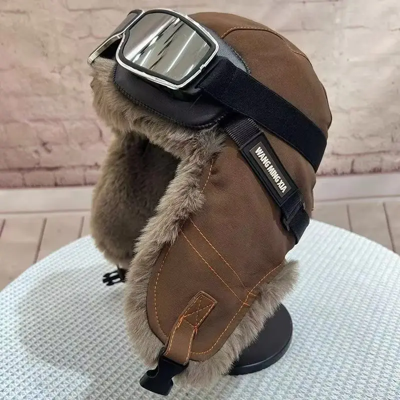Retro Imitation Rabbit Fur Thick Lei Feng Hat, Autumn and Winter Leather Splicing Cycling Warm Windproof Ear Protection Hat