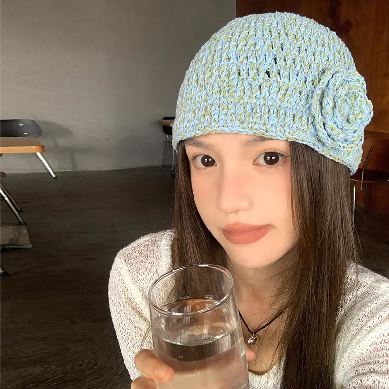 Korean Three-dimensional Flower Handmade Hat Knitted Women's Autumn and Winter Hat Fashionable and Versatile Wool Pullover Hat