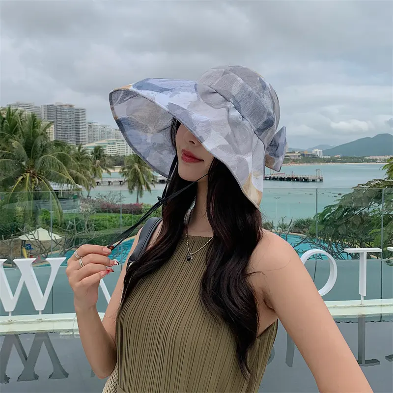 Sunscreen Western style Colorful Half Sky Top Sunshade Hat for Women, Large brimmed Bow, Fashionable Seaside Vacation Sun Hat