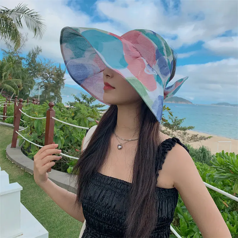 Sunscreen Western style Colorful Half Sky Top Sunshade Hat for Women, Large brimmed Bow, Fashionable Seaside Vacation Sun Hat