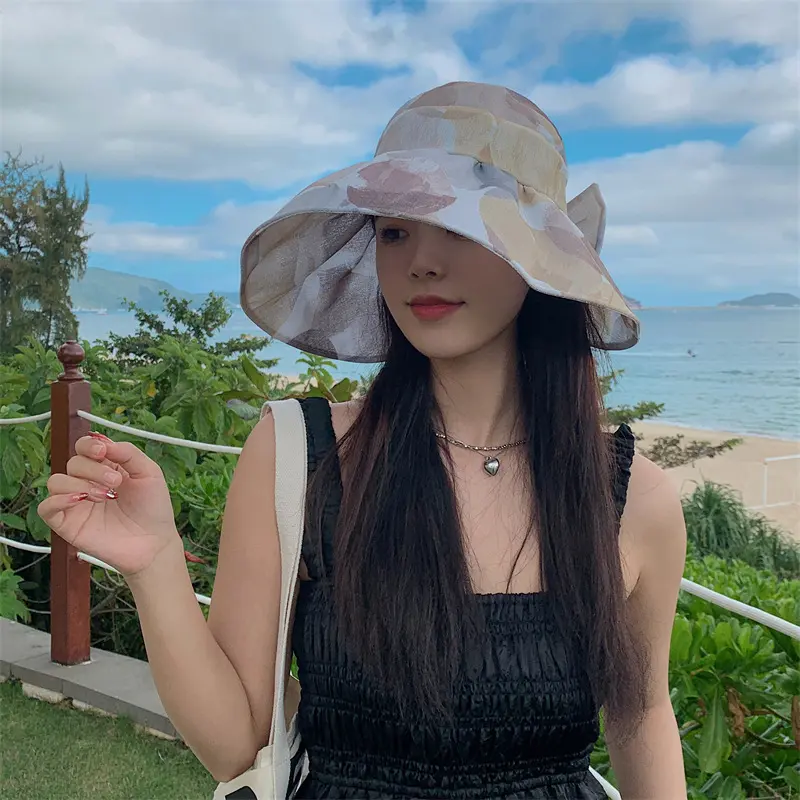 Sunscreen Western style Colorful Half Sky Top Sunshade Hat for Women, Large brimmed Bow, Fashionable Seaside Vacation Sun Hat