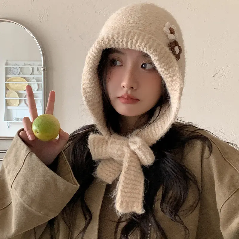 Korean Version Three-dimensional Flower Knitted Hat Balaklafa Hat Women's Winter Thick Warm Ear Protection Woolen Hat
