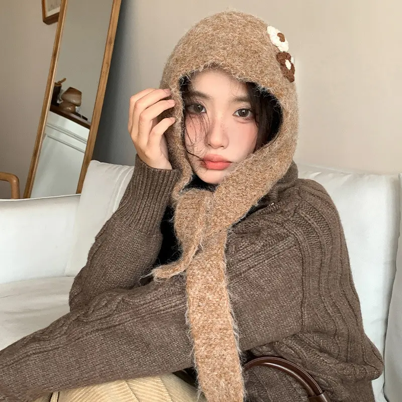 Korean Version Three-dimensional Flower Knitted Hat Balaklafa Hat Women's Winter Thick Warm Ear Protection Woolen Hat