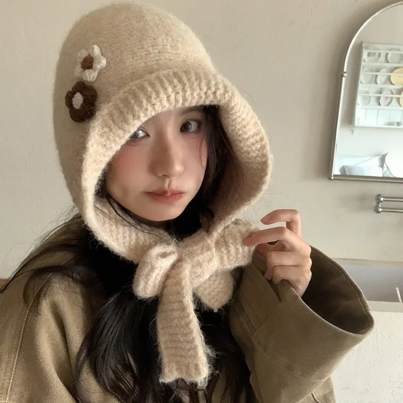 Korean Version Three-dimensional Flower Knitted Hat Balaklafa Hat Women's Winter Thick Warm Ear Protection Woolen Hat