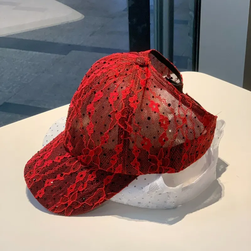 Korean Version Lace Rhinestone Hollow Out New Baseball Cap Can Tie A Ponytail Summer Thin Breathable Versatile Duckbill Cap