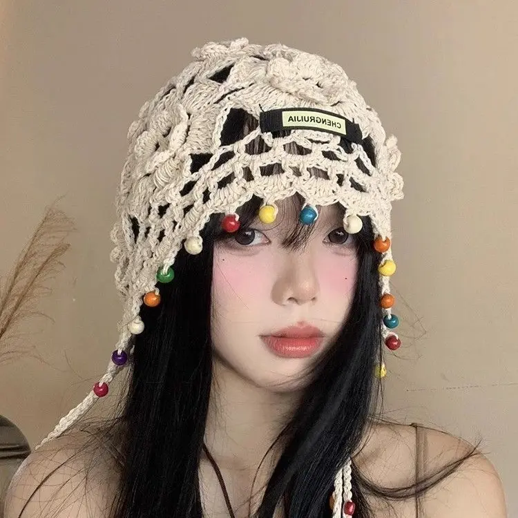 Japanese Hand Woven Baotou Hat for Women in Spring and Autumn, Thin Cut Hollow Yarn Hat, Retro Artistic Knitted Hat