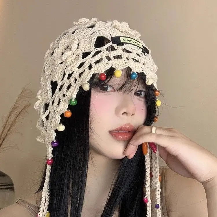 Japanese Hand Woven Baotou Hat for Women in Spring and Autumn, Thin Cut Hollow Yarn Hat, Retro Artistic Knitted Hat