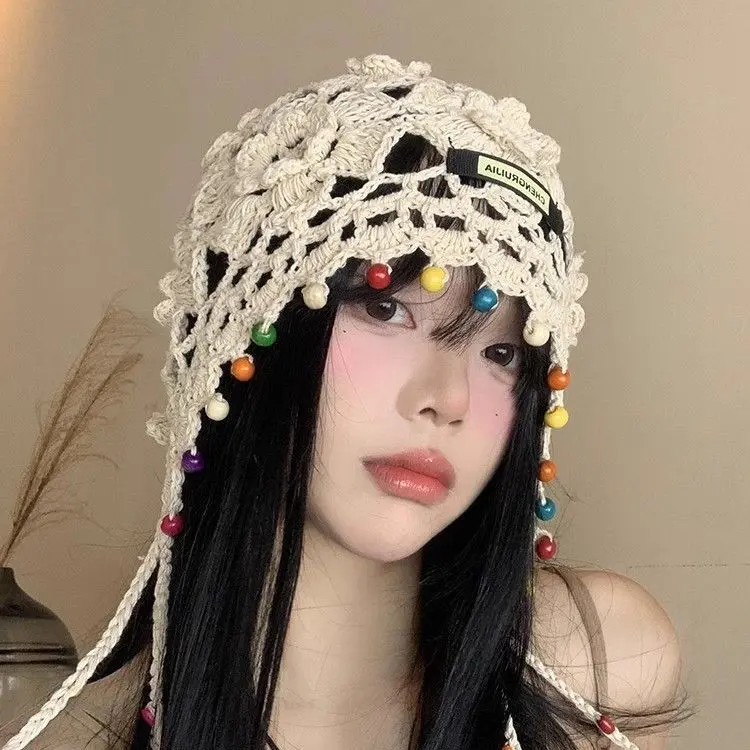 Japanese Hand Woven Baotou Hat for Women in Spring and Autumn, Thin Cut Hollow Yarn Hat, Retro Artistic Knitted Hat