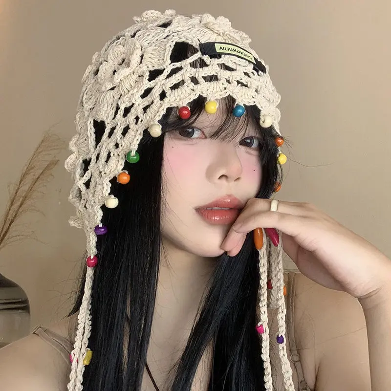 Japanese Hand Woven Baotou Hat for Women in Spring and Autumn, Thin Cut Hollow Yarn Hat, Retro Artistic Knitted Hat