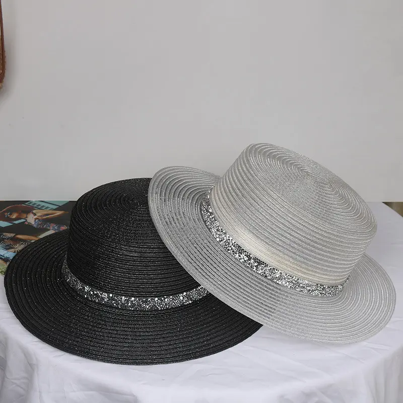 2025 New Shiny Silk Flat Top Rass Hat For Women's Summer, UV Resistant, Breathable, Shiny Rhinestone Sunshade Hat