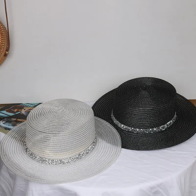 2025 New Shiny Silk Flat Top Rass Hat For Women's Summer, UV Resistant, Breathable, Shiny Rhinestone Sunshade Hat