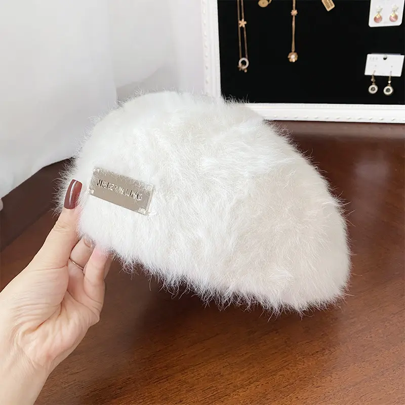 Rabbit Fur Beret Women's Autumn And Winter Korean Version Fashionable Versatile Iron Logo Reverse Wearing Plush Forward Hat