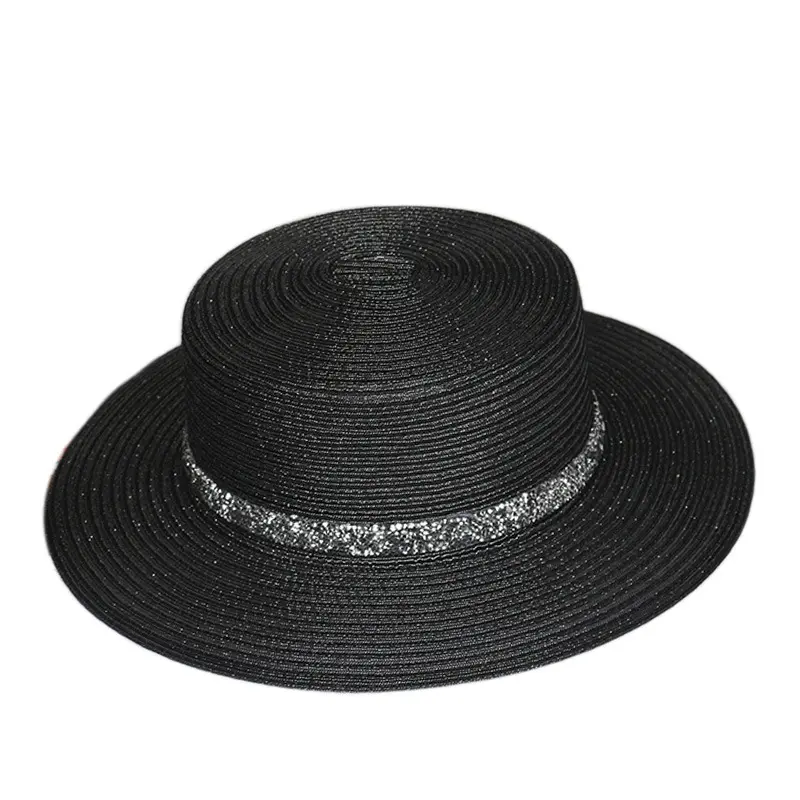 2025 New Shiny Silk Flat Top Rass Hat For Women's Summer, UV Resistant, Breathable, Shiny Rhinestone Sunshade Hat