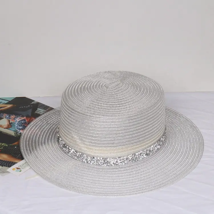 2025 New Shiny Silk Flat Top Rass Hat For Women's Summer, UV Resistant, Breathable, Shiny Rhinestone Sunshade Hat