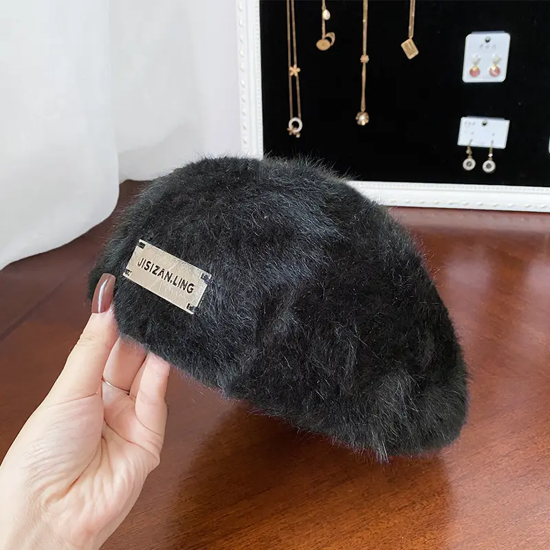 Rabbit Fur Beret Women's Autumn And Winter Korean Version Fashionable Versatile Iron Logo Reverse Wearing Plush Forward Hat