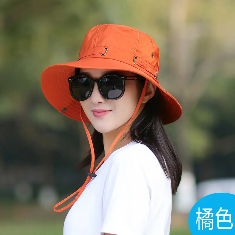 Korean Version Sun Hat, Youth Outdoor Folding Fisherman Hat, Mountain Climbing Copper Buckle, Big Edge Tied Rope Sun Hat