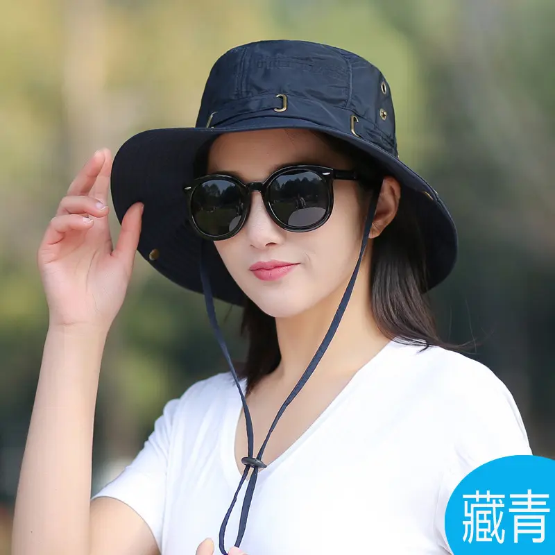 Korean Version Sun Hat, Youth Outdoor Folding Fisherman Hat, Mountain Climbing Copper Buckle, Big Edge Tied Rope Sun Hat