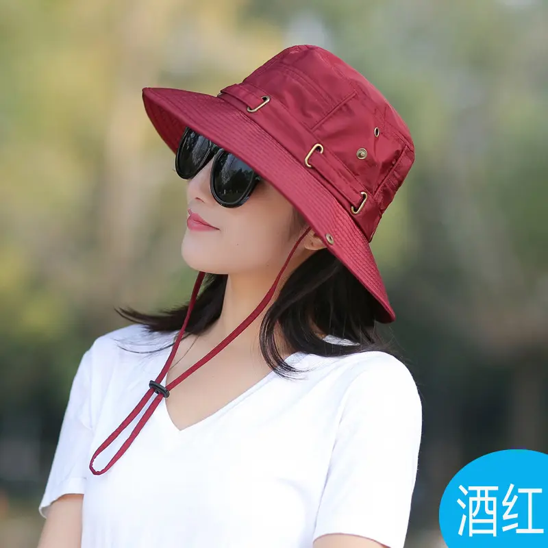 Korean Version Sun Hat, Youth Outdoor Folding Fisherman Hat, Mountain Climbing Copper Buckle, Big Edge Tied Rope Sun Hat