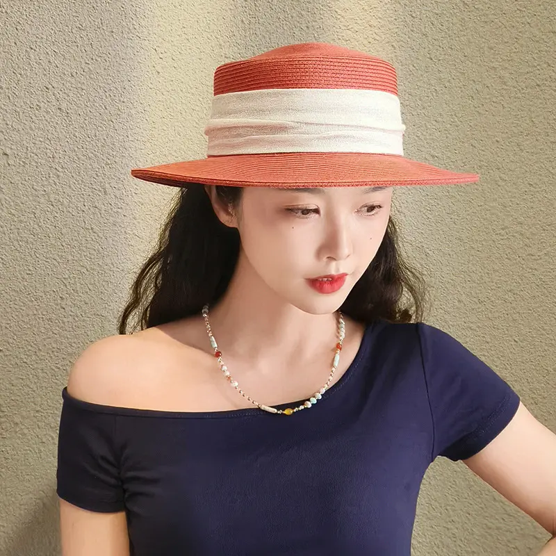 Summer Red Hat Women's 2025 New Style Fashionable and Elegant Sun Hat Flat Top Grass Hat Sunshade Hat