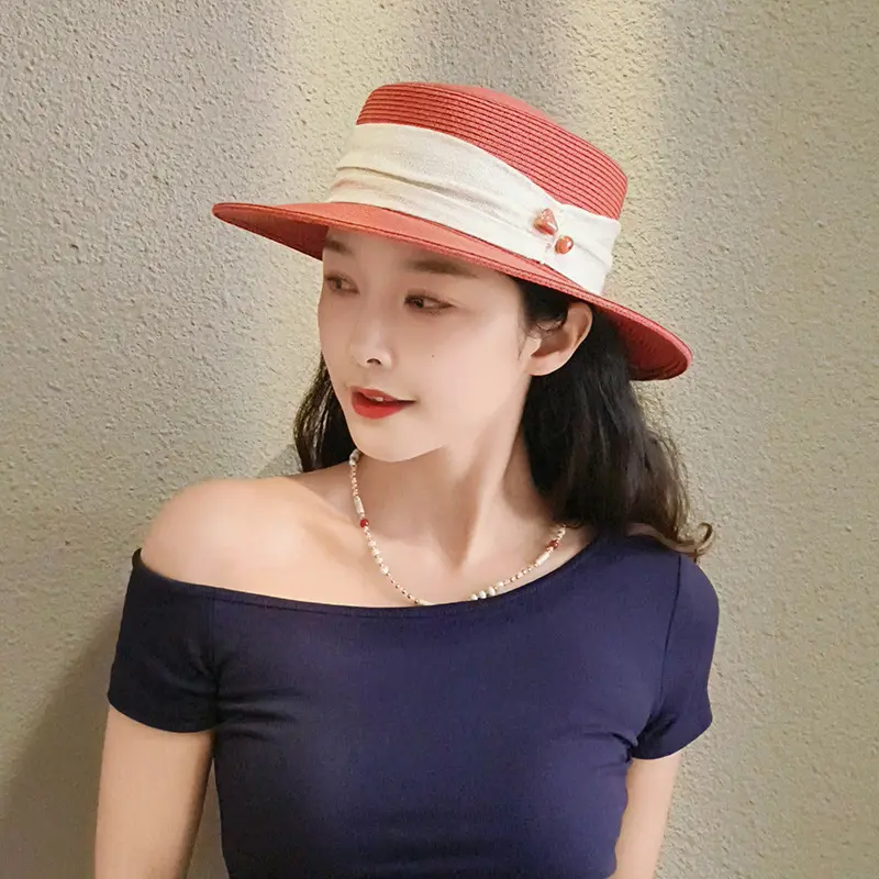 Summer Red Hat Women's 2025 New Style Fashionable and Elegant Sun Hat Flat Top Grass Hat Sunshade Hat