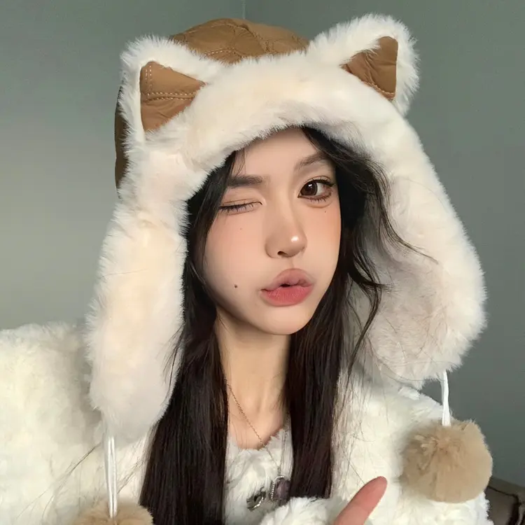 Korean Version Of Ear Plush Hat For Women In Winter, Cute Thick And Plush, Warm, Cycling, Anti Cold, Ear Protection Lei Feng Hat