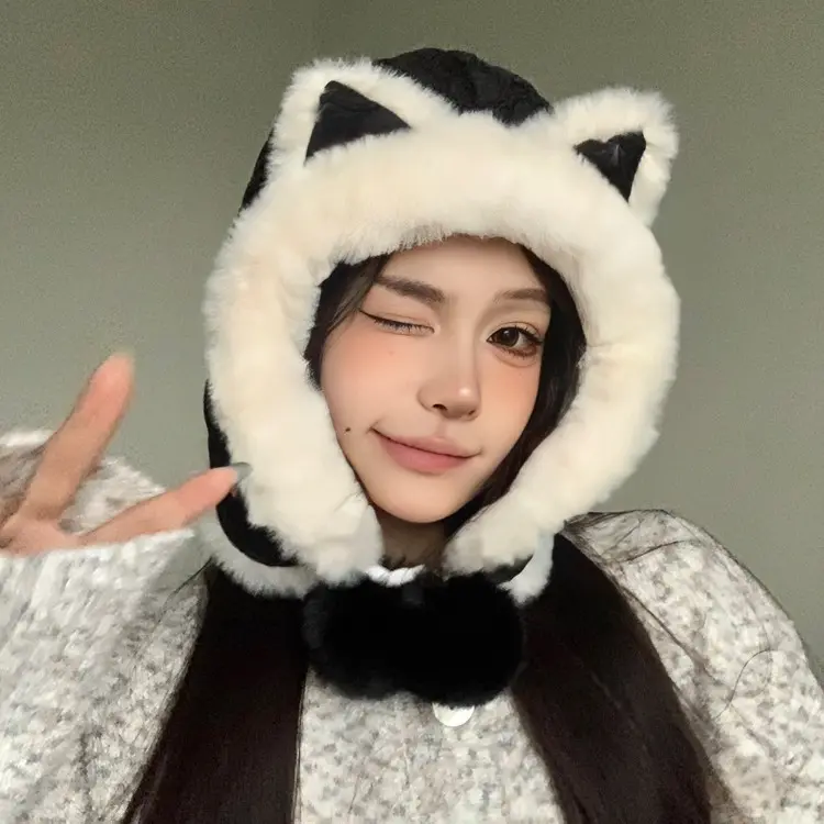 Korean Version Of Ear Plush Hat For Women In Winter, Cute Thick And Plush, Warm, Cycling, Anti Cold, Ear Protection Lei Feng Hat