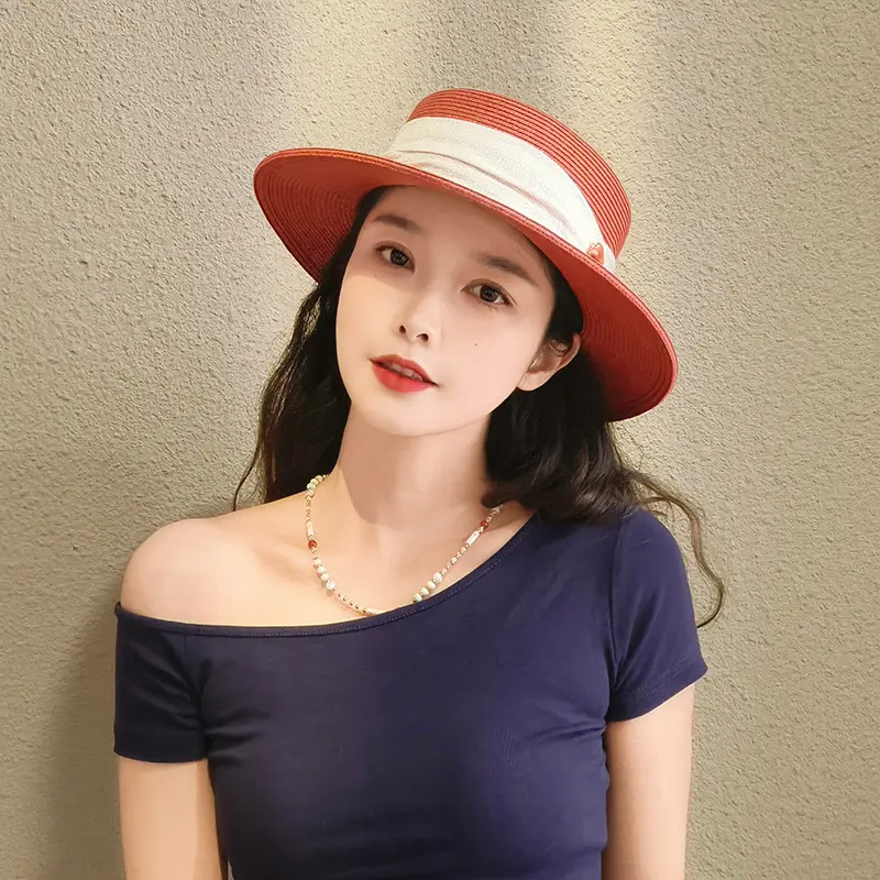 Summer Red Hat Women's 2025 New Style Fashionable and Elegant Sun Hat Flat Top Grass Hat Sunshade Hat