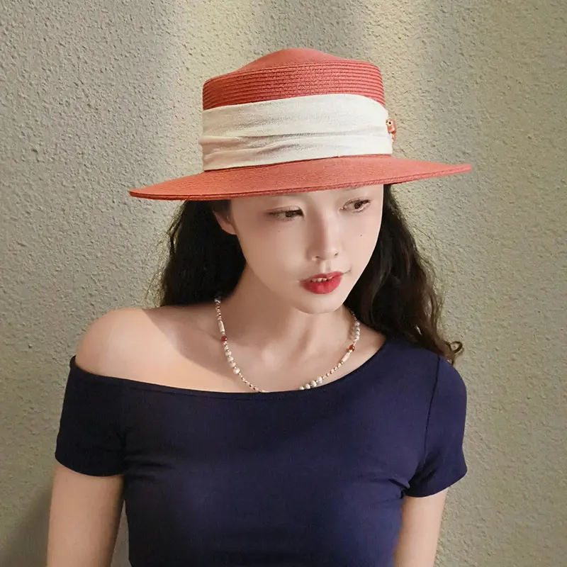Summer Red Hat Women's 2025 New Style Fashionable and Elegant Sun Hat Flat Top Grass Hat Sunshade Hat