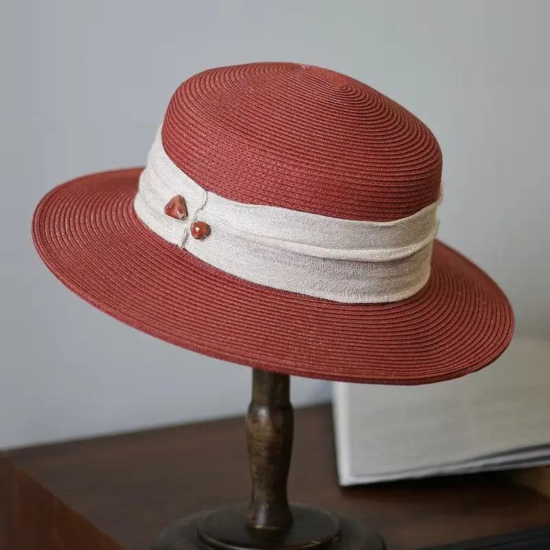 Summer Red Hat Women's 2025 New Style Fashionable and Elegant Sun Hat Flat Top Grass Hat Sunshade Hat