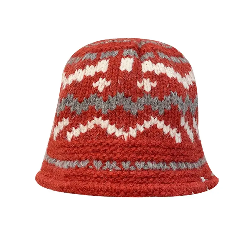 Autumn and Winter New Fel Island Style Jacquard Knitted Hat for Women, Fashionable and Versatile, Rolled Edge Yarn Fisherman Hat