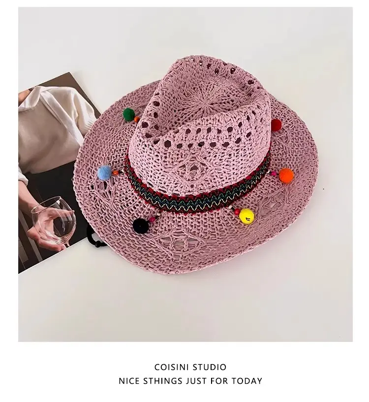 Retro Colored Ball Grass Hat for Women in Summer, Breathable and Sun Resistant Jazz Hat, Sweet and Versatile Vacation Top Hat