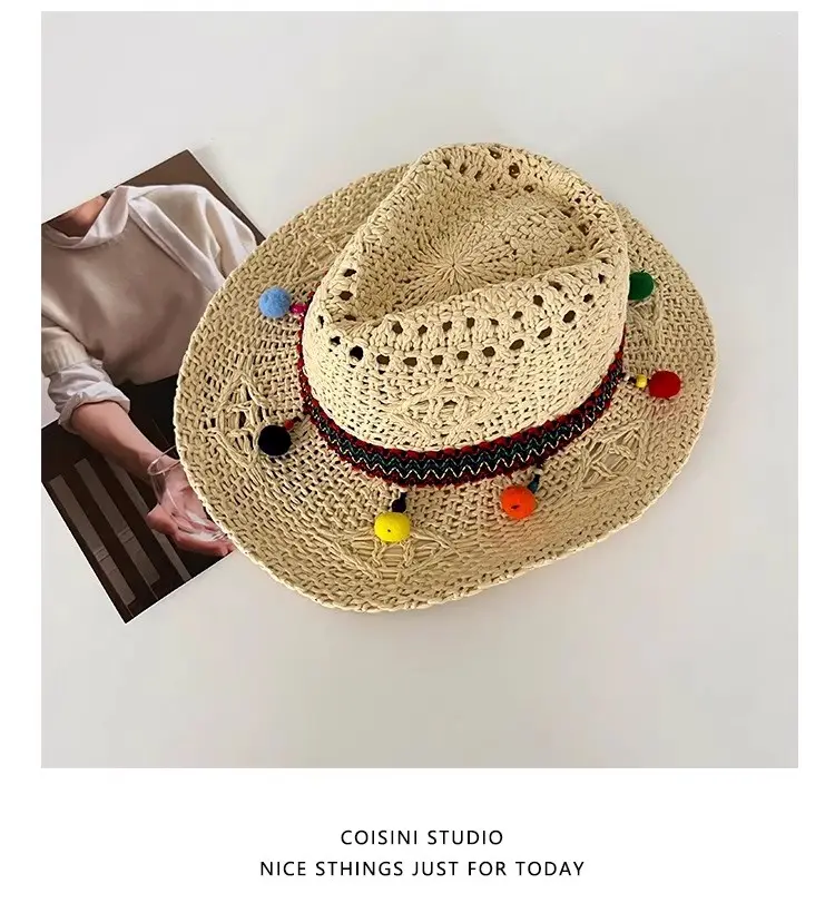 Retro Colored Ball Grass Hat for Women in Summer, Breathable and Sun Resistant Jazz Hat, Sweet and Versatile Vacation Top Hat
