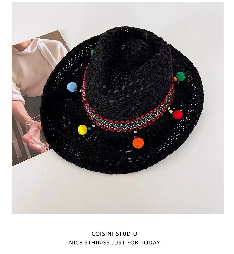Retro Colored Ball Grass Hat for Women in Summer, Breathable and Sun Resistant Jazz Hat, Sweet and Versatile Vacation Top Hat