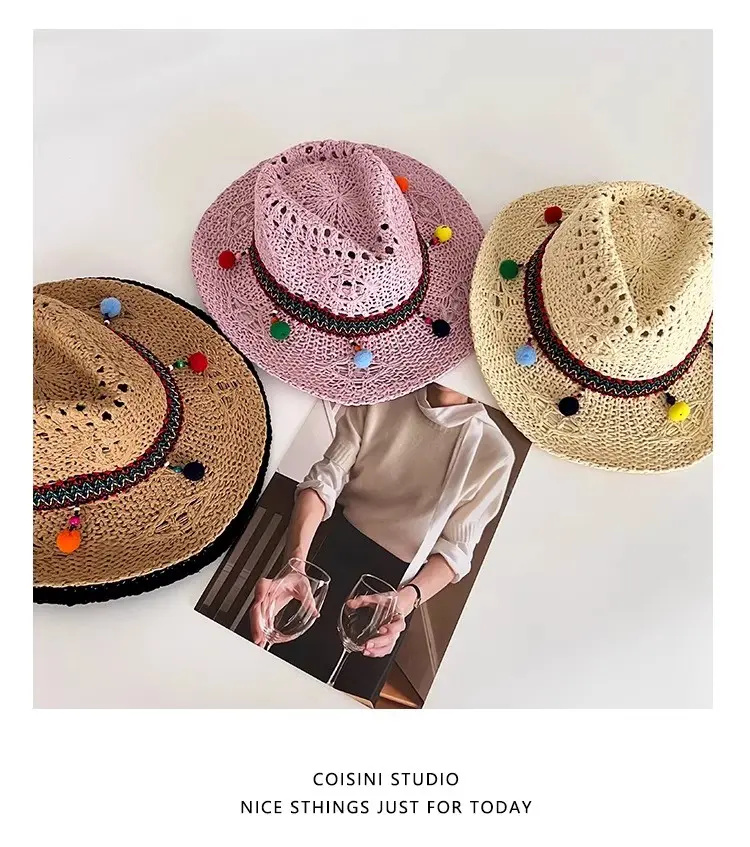 Retro Colored Ball Grass Hat for Women in Summer, Breathable and Sun Resistant Jazz Hat, Sweet and Versatile Vacation Top Hat