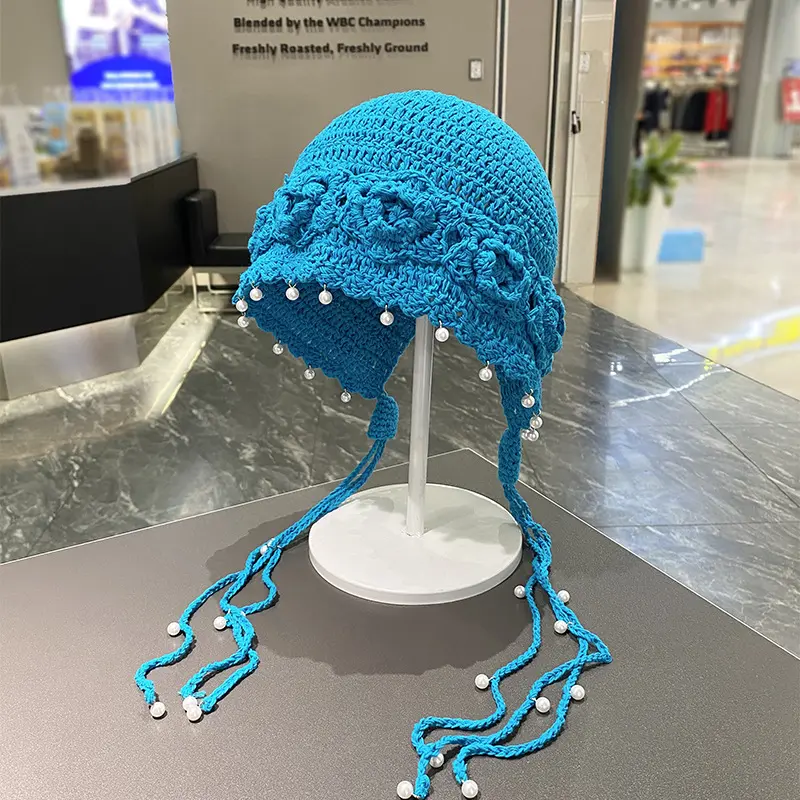 Hand Woven Three-dimensional Flower Toe Cap for Women in Spring and Summer, Pearl Tassel Hollow Breathable Pullover Cap