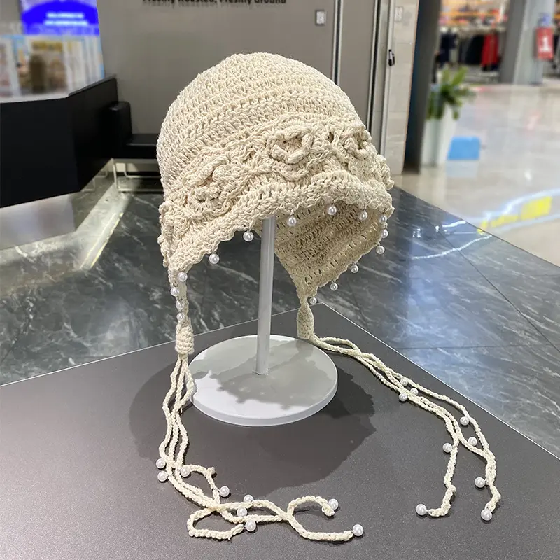 Hand Woven Three-dimensional Flower Toe Cap for Women in Spring and Summer, Pearl Tassel Hollow Breathable Pullover Cap
