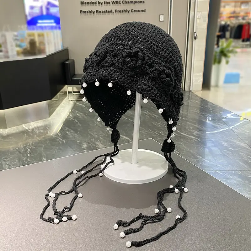 Hand Woven Three-dimensional Flower Toe Cap for Women in Spring and Summer, Pearl Tassel Hollow Breathable Pullover Cap