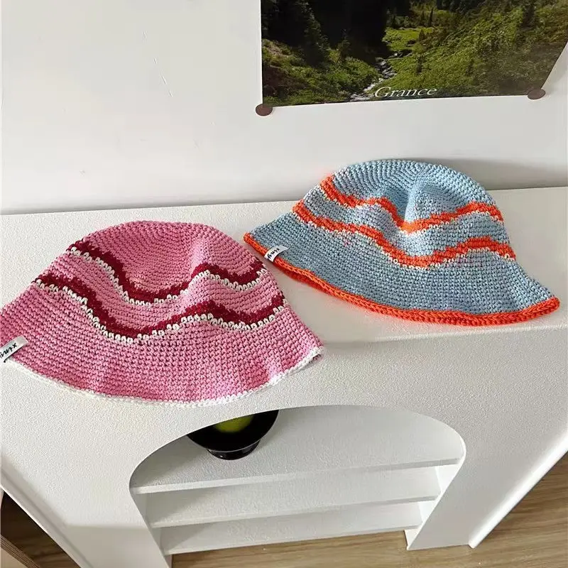 Vintage Versatile Handmade Crochet Fisherman Hat for Spring and Summer Sun Shading and Sun Protection, Striped Basin Hat