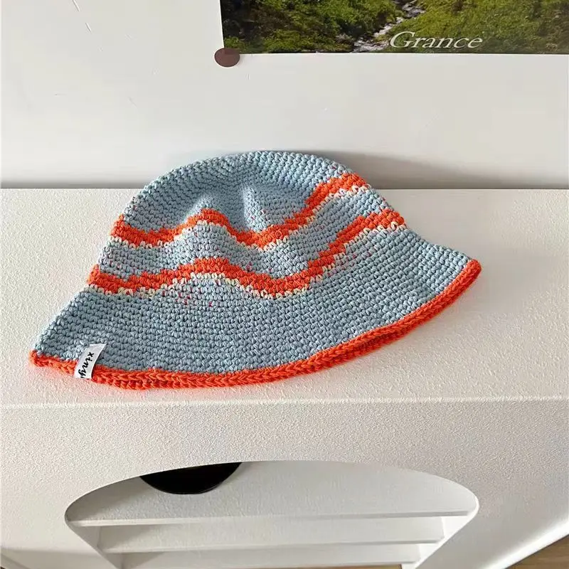 Vintage Versatile Handmade Crochet Fisherman Hat for Spring and Summer Sun Shading and Sun Protection, Striped Basin Hat