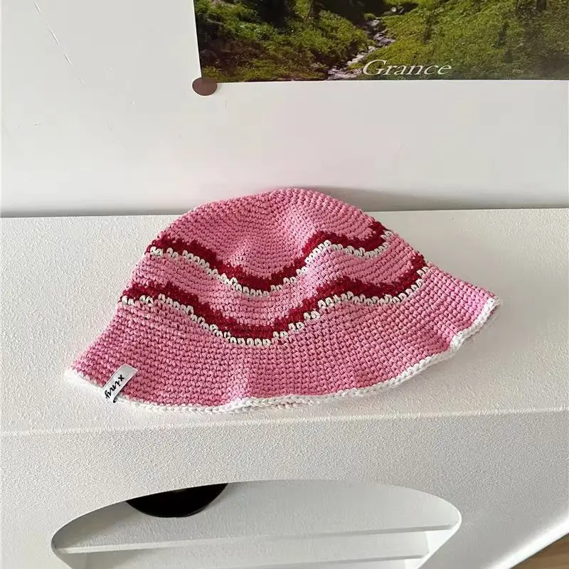 Vintage Versatile Handmade Crochet Fisherman Hat for Spring and Summer Sun Shading and Sun Protection, Striped Basin Hat