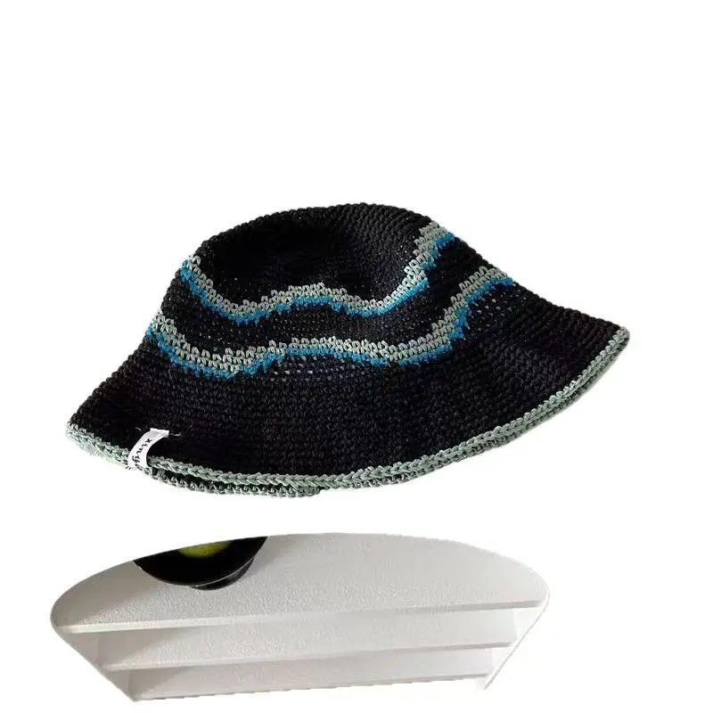 Vintage Versatile Handmade Crochet Fisherman Hat for Spring and Summer Sun Shading and Sun Protection, Striped Basin Hat