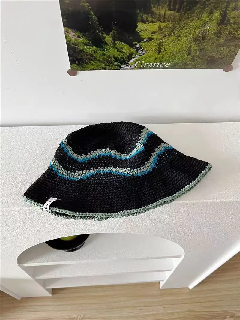 Vintage Versatile Handmade Crochet Fisherman Hat for Spring and Summer Sun Shading and Sun Protection, Striped Basin Hat