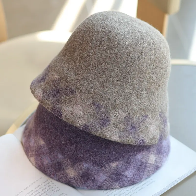 100% Wool Retro Diamond Grid French High-end Thickened Fisherman Hat with Autumn and Winter Temperament, Versatile Bucket Hat