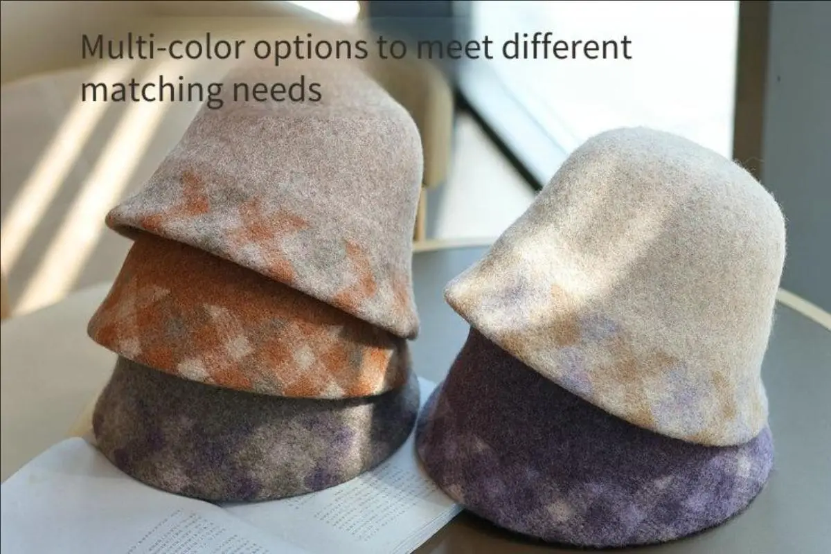100% Wool Retro Diamond Grid French High-end Thickened Fisherman Hat with Autumn and Winter Temperament, Versatile Bucket Hat