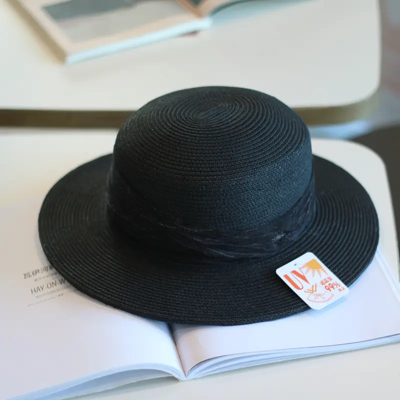 French Elegant Pleated Ribbon Straw Woven Flat Top Hat, British Casual Versatile Vacation Sun Shading Spring and Summer Top Hat