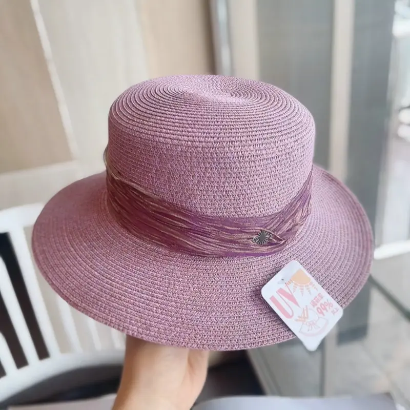 French Elegant Pleated Ribbon Straw Woven Flat Top Hat, British Casual Versatile Vacation Sun Shading Spring and Summer Top Hat