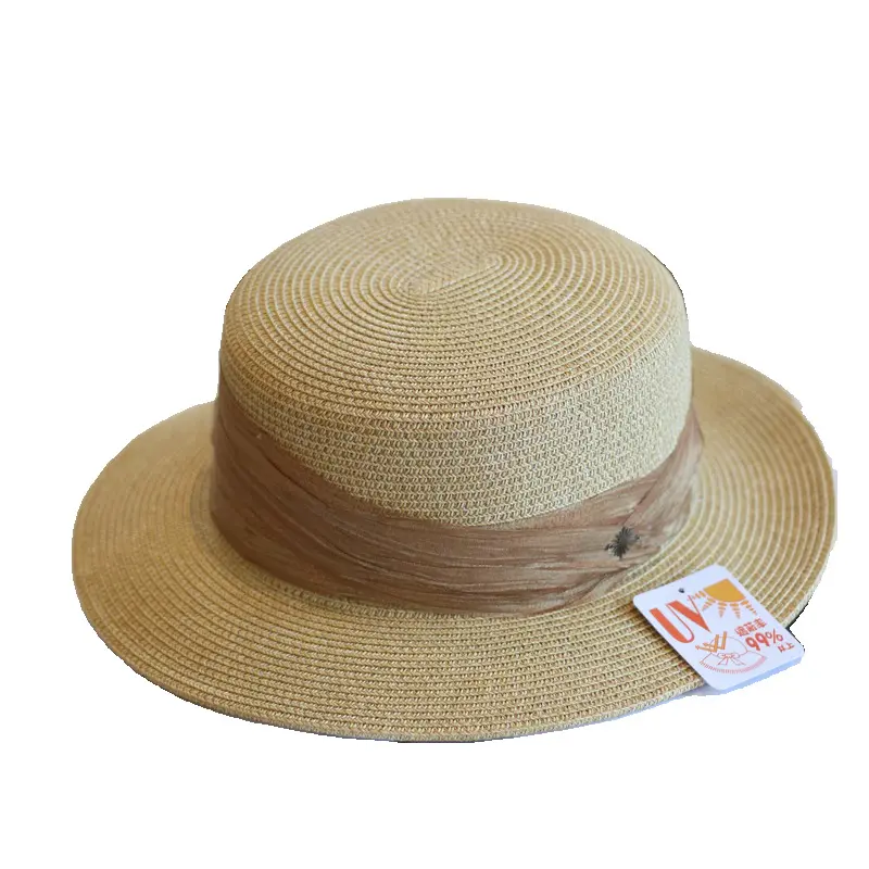French Elegant Pleated Ribbon Straw Woven Flat Top Hat, British Casual Versatile Vacation Sun Shading Spring and Summer Top Hat