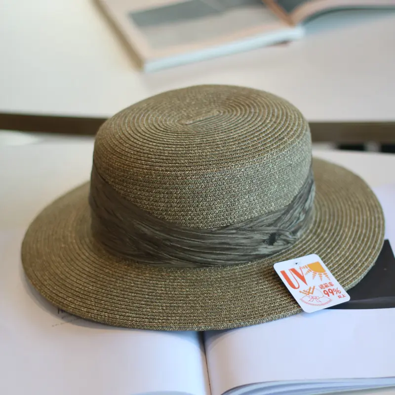 French Elegant Pleated Ribbon Straw Woven Flat Top Hat, British Casual Versatile Vacation Sun Shading Spring and Summer Top Hat